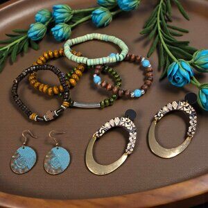 Deep Brown Tones With Teal Cross Bracelet And Earring Set